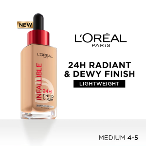 L’Oreal Paris Infallible 24H Tinted Serum Foundation, Lightweight, Dewy & Radiant - Medium (30ml)